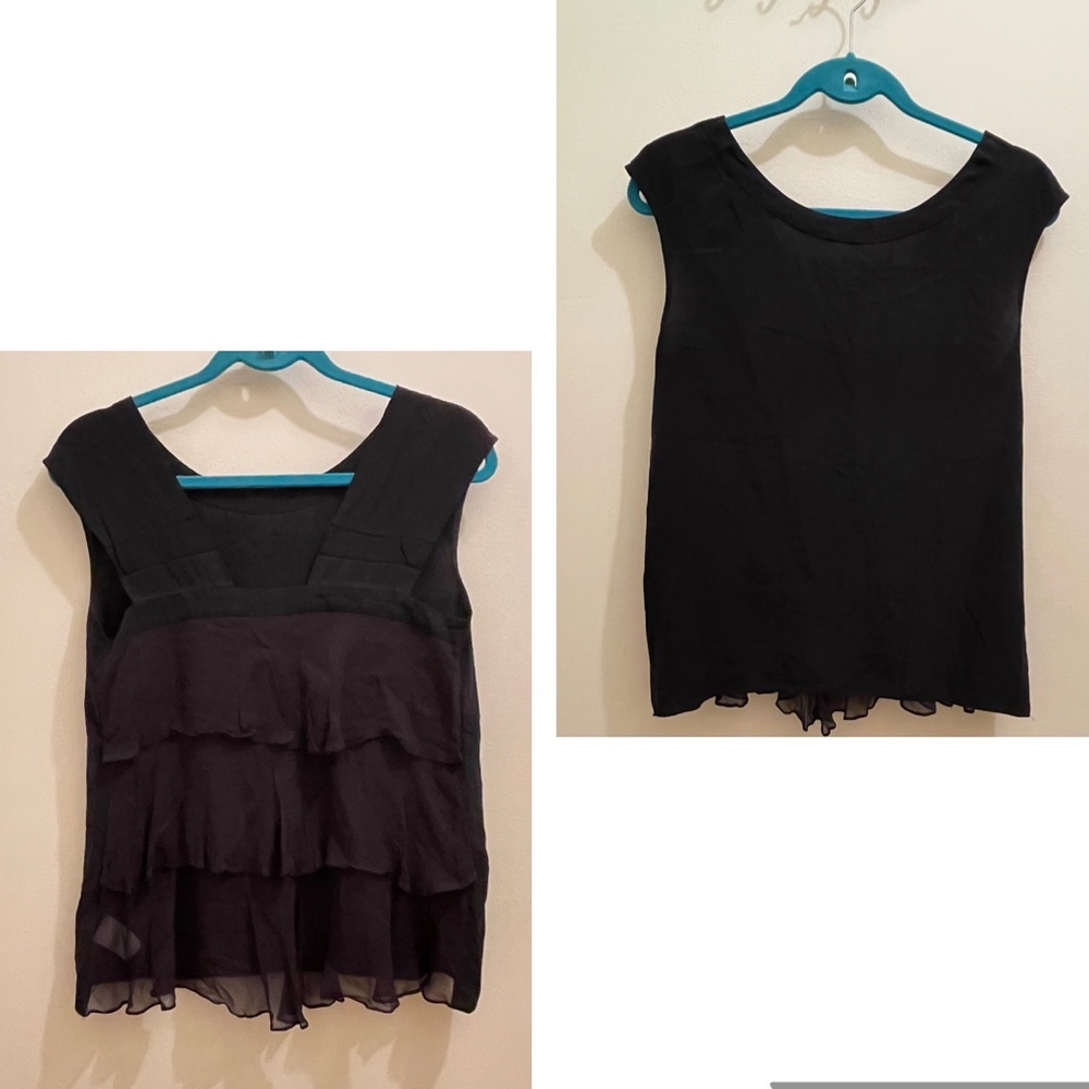 Tracy Reese black 100% silk Blouse, cut out back, layered flounce, 2 textures SP